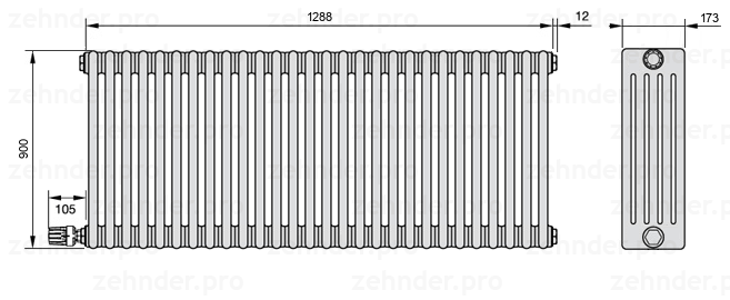 Схема (чертеж) Радиатор Zehnder Charleston 5090/28 №V004 Белый глянцевый RAL 9016